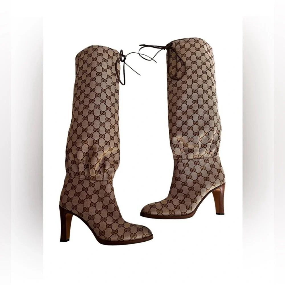 Gucci Beige GG Monogram Knee-High Boots - Picture 4 of 10